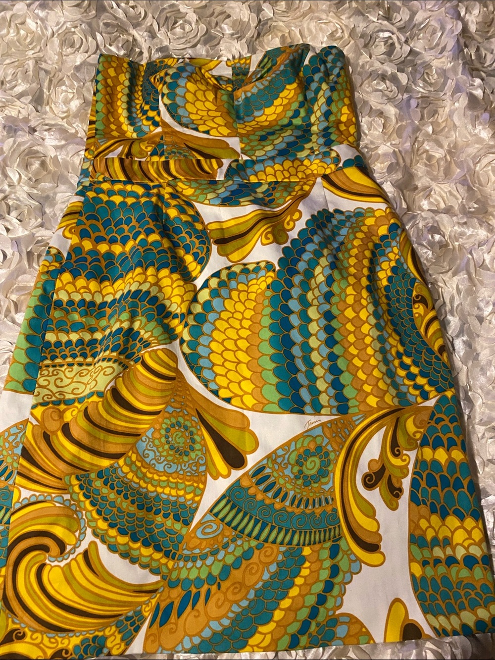 Banana Republic Trina Turk Yellow & Teal Strapless Printed Dress